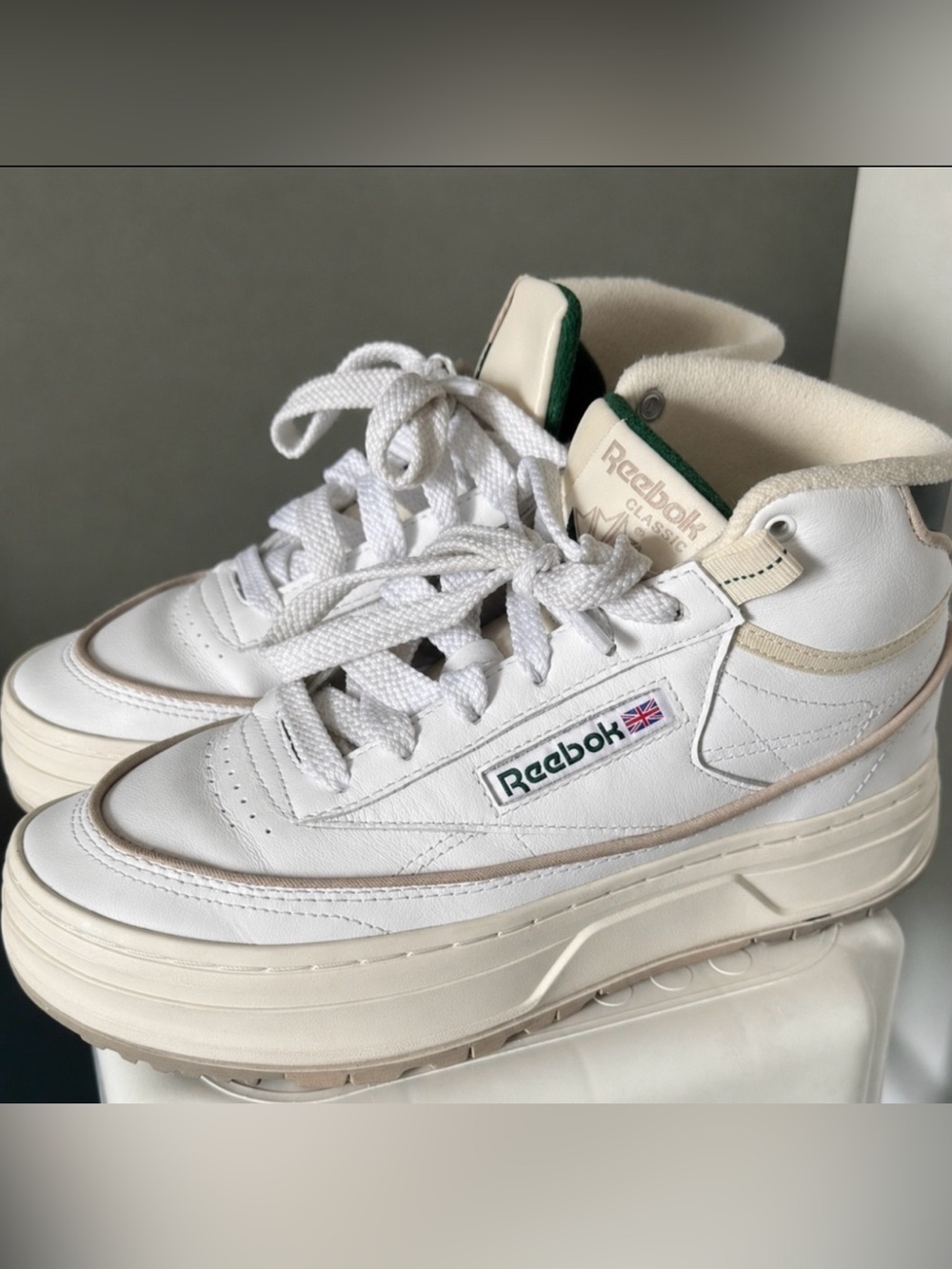 Reebok White Leather Platform Sneakers with Green Accents